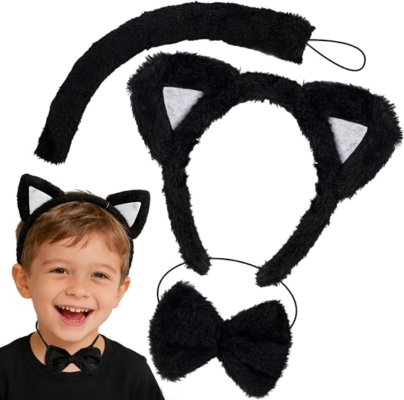 Kirei Sui Black Cat Ears Headband for Kids, 3-Piece Halloween Costume
