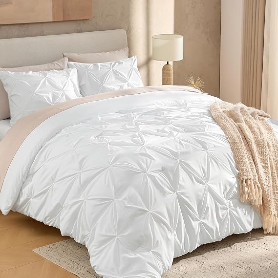 Andency Queen Pinch Pleat White Comforter Set 3 Piece Bedding