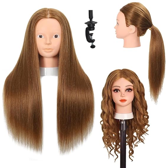 Opini Mannequin Head with 80% Human Hair Doll Head for Hair and Makeup | Cosmetology Manikin Head 28" for Hairdressier Practice Cutting, Braiding & Styling Updos Traning Head (#27 Brown No Makeup)