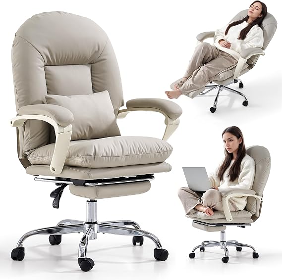EMIAH Ergonomic Mid-Back Cute Office Chair with Footrest PU Leather Beige
