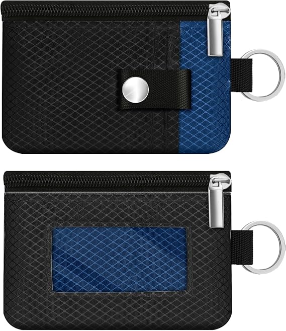 Minimalist RFID Blocking Small Wallet with ID Window,WaterResistant Zip Id Case Wallet with Lanyard Keychain for Cards,Cash,Travel,Women,Men, Black/Electric Blue, 4.53" x 2.76" x 0.39