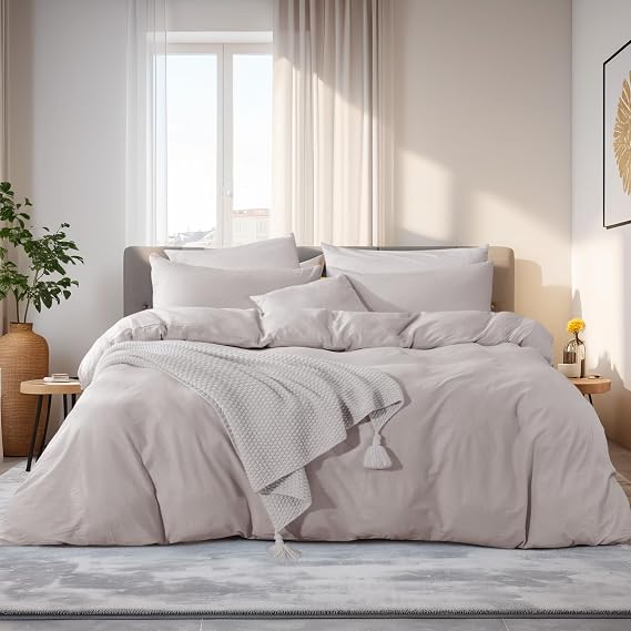NEXHOME PRO Duvet Cover Queen Size, 100% Washed Cotton Orgnic Linen Like Textured Breathable Durable Comfy, 3 PCs Home Bedding Set