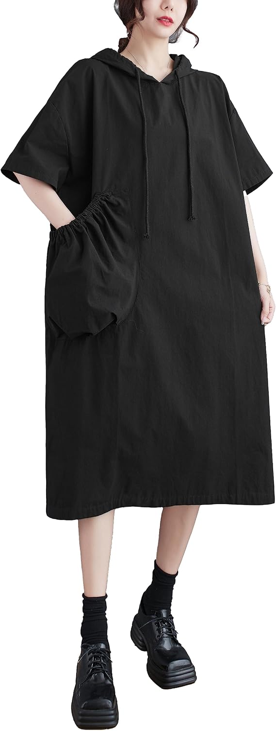 ellazhu Women's Summer Half Sleeve Midi Length with Big Pocket Solid Color Dress with Hood GA2669
