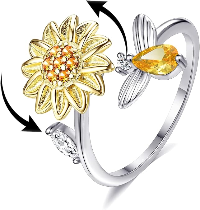 Akeoqi Fidget Anxiety Rings Rotatable Stress Relief Bead Ring Size Adjustable Open Design Ring Spinner Fidget Ring Inlaid Cubic Zirconia Sunflower Umbrella Windmill Flower Bead Blue Eye Snowflake Moon Lotus Chrysanthemum Round CZ Shape Ring Jewelry for Women Gifts
