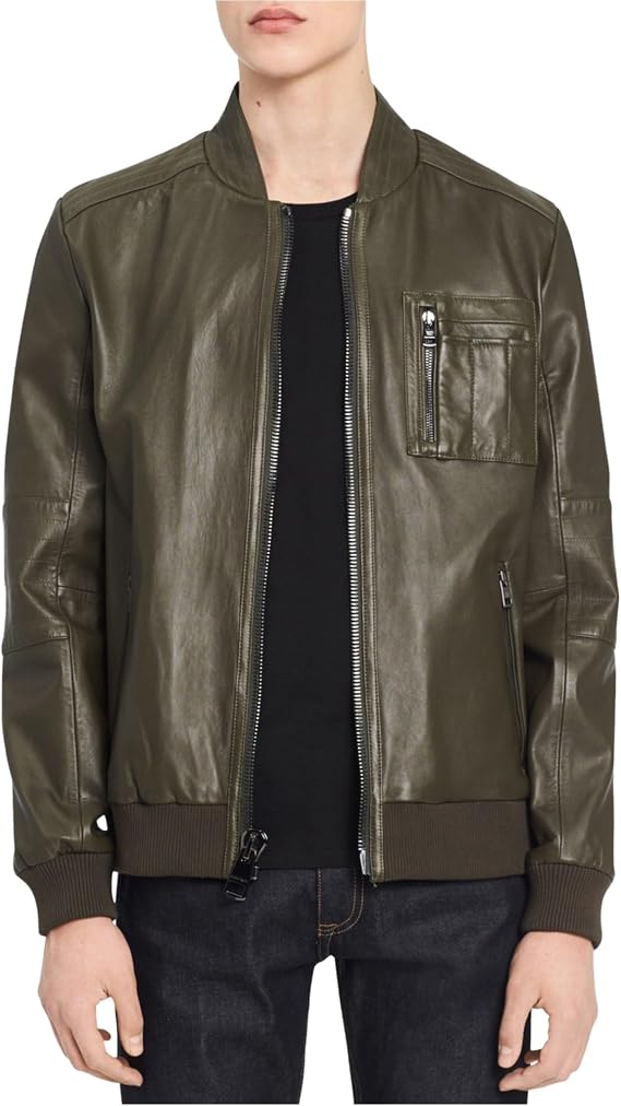 Calvin Klein Mens Genuine Leather Bomber Jacket, Green, X-Small