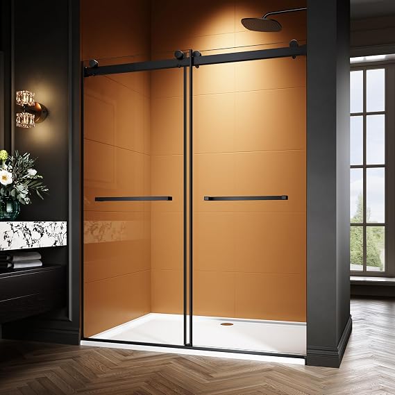 56-60" W x 76" H Frameless Sliding Shower Door, Adjustable Width Glass Shower Door, Soft-Close, 5/16" (8mm) Clear Tempered Glass with Explosion-Proof Film (Matte Black, 60" W x 76" H)
