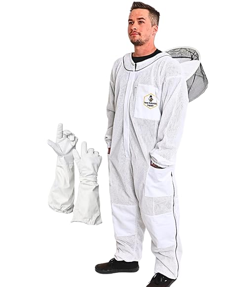 3 Layer Ventilated Beekeeping Suit with Gloves and Round Veil, YKK Brass Zippers (Small)