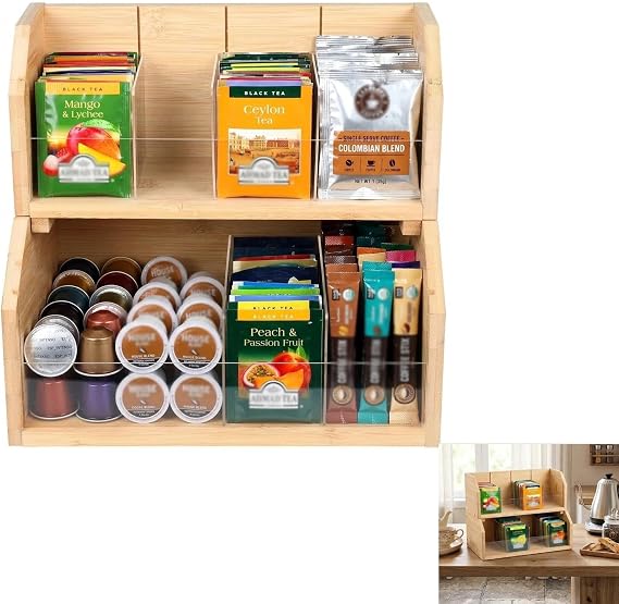 Bamboo Tea Organiser Stackable Cupboard Organiser 2-Tier Vertical Tea Box with 8 Adjustable Compartments Stackable Storage for Over 180 Tea Bags Coffee Pods and Sugar Packets