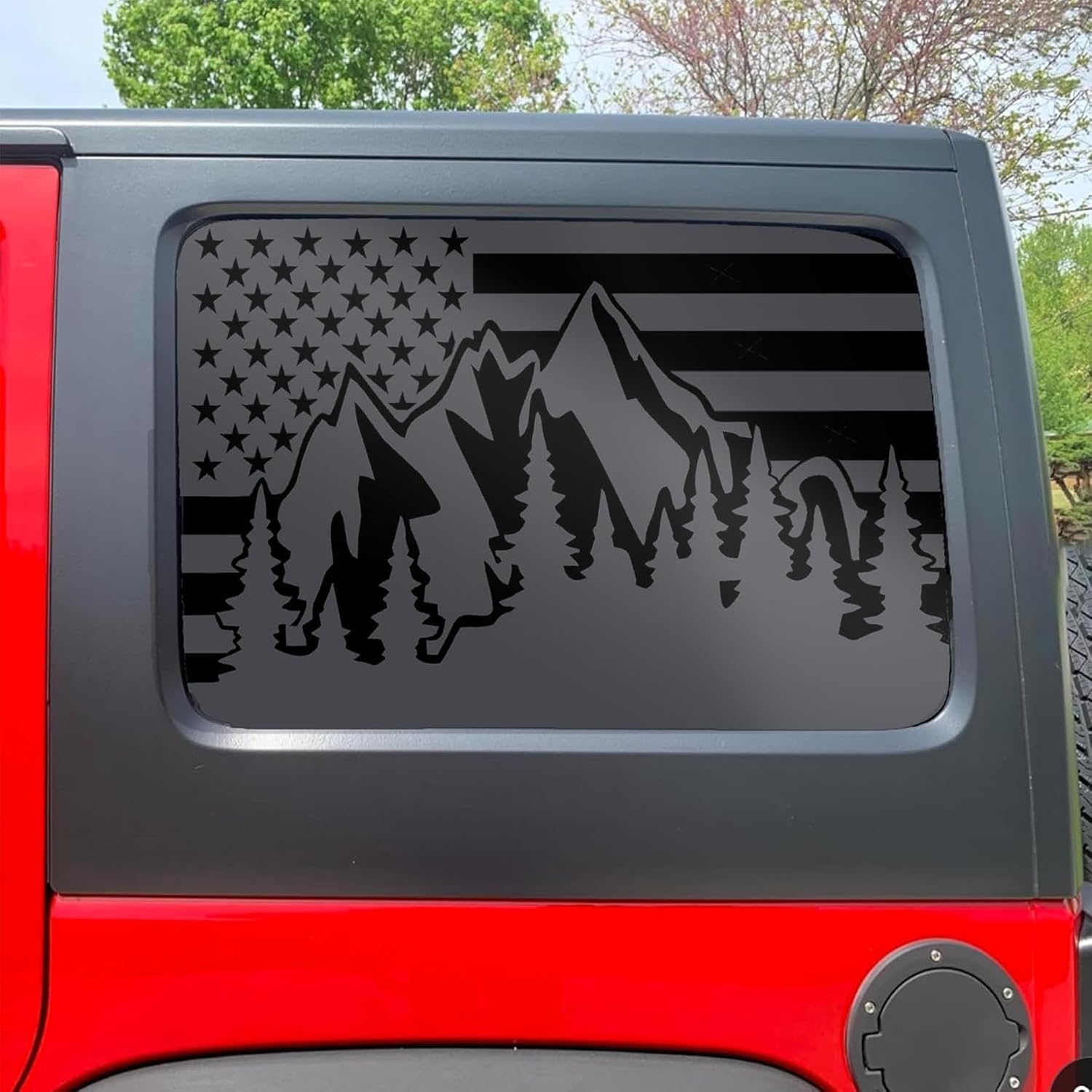 for Jeep Wrangler JL & JLU 2018-2024 Mountain American Flag Rear Window Decals, Matte Black USA Flag Vinyl Stickers 2PCS, Patriotic SUV Truck Window Graphics Exterior Accessories