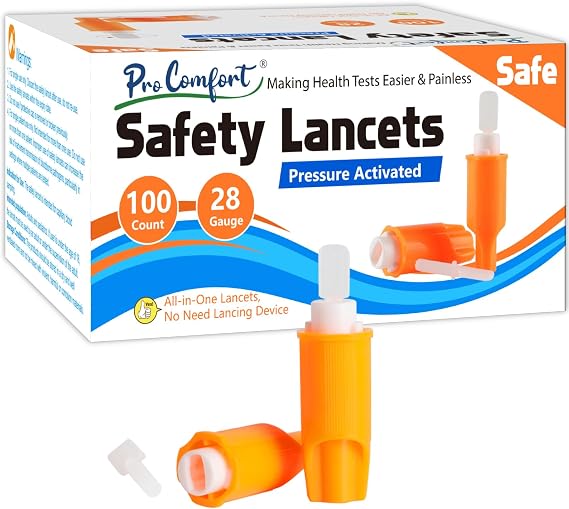 Pro Comfort Safety Lancets for Diabetes Testing [100 Count] 28 Gauge 1.8 mm All-in-One Pressure Activated Sterile Blood Lancets for Comfortable Testing