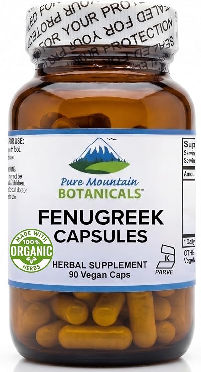Pure Mountain Botanicals Fenugreek Capsules 600mg Organic - 90 Vegan Kosher Caps - Fenugreek Seed Supplement for Women and Men - Non-GMO Gluten Free - Fenogreco