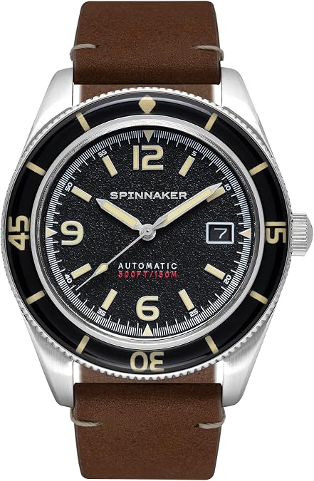 Spinnaker Fleuss Mens Watch - Automatic Dive Watch for Men, 43mm Stainless Steel Case, Brown Leather Strap, Water Resistant 150m, SP-5055-01 - Black