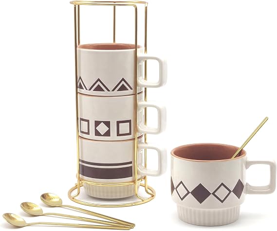 Stackable Coffee Mug Sets of 4 with Rack Tea Cup Set with Spoon 11oz for Coffee, Tea, Cocoa, Cappuccino, Hot Chocolate Ceramic Espresso Cups with Coffee Cup Holder, theme of Geometric