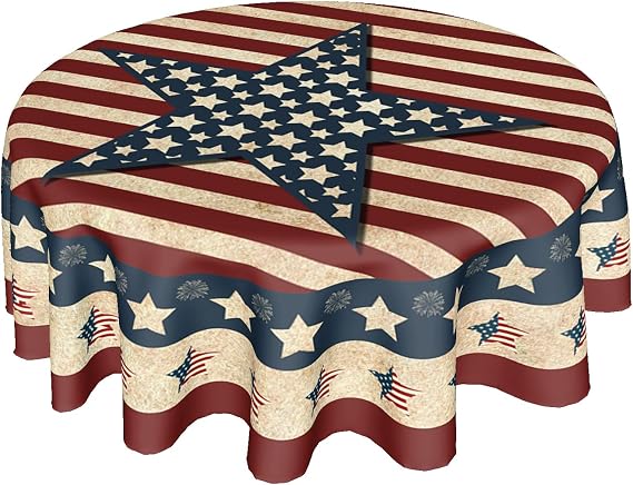 4th of July Tablecloth Round 60 Inch Patriotic Independence Day American Flag Table Cloth Wrinkle Resistant USA Stars Stripes Table Cover Decorative for Home Kitchen Dining Indoor Party Picnic
