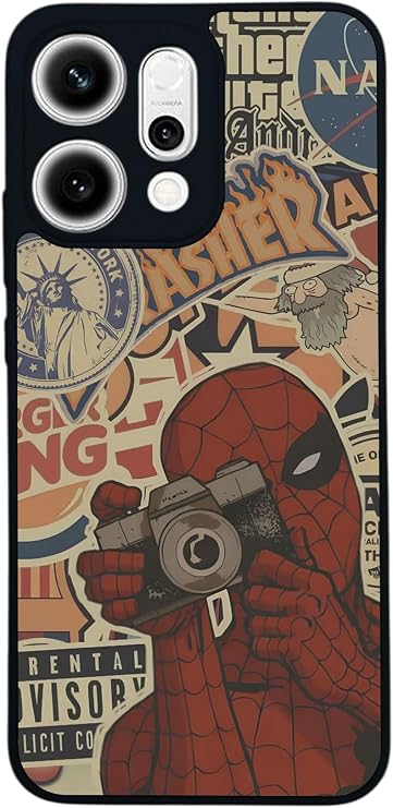 Oppo Reno 14 ile Uyumlu SpiderMan Baskılı Siyah Silikon Kılıf, Şok Emici Koruyucu Kapak