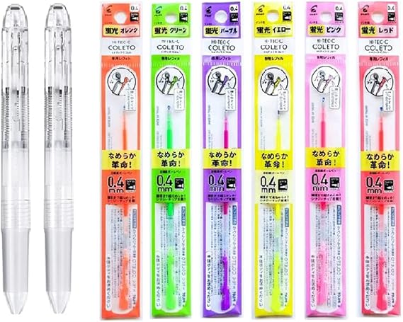 Pilot Hi-Tec-C Coleto Gel Ink Pen 0.4mm 3-In-1 Transparent Body 2 Packs & 6 Fluorescent Color Refill Set With Original Stylus Ballpoint Touch Pen