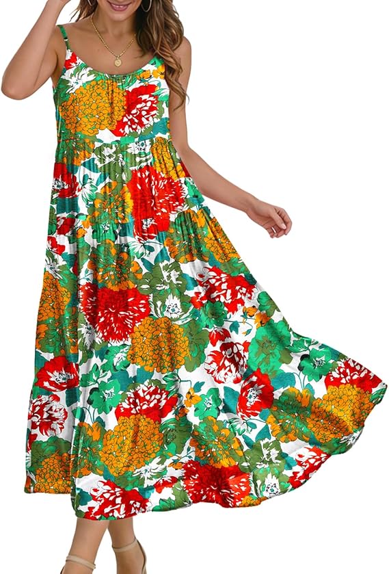 YESNO Summer Bohemian Floral Dresses for Women Spaghetti Straps Maxi Dress Casual Flowy Dresses with Pockets ES0
