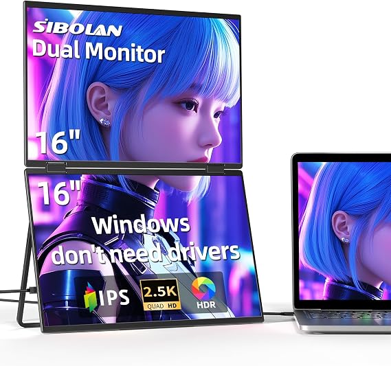 16" 2.5K Dual Portable Monitor, 25601600 100% sRGB Foldable Triple Laptop Screen Extender, USB C, HDMI, Plug & Play, Dual Monitor for Laptop, Mac, Windows
