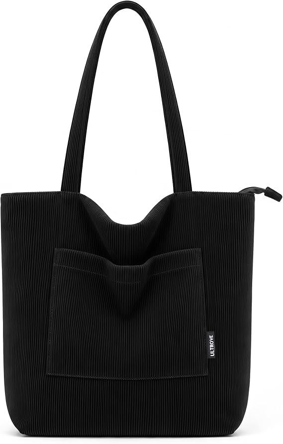 Corduroy Tote Bag with Zipper Large Capacity Handbags Shoulder Bag Thicken Cord Tote Bag Big Casual Shopping Bag for Women Ladies for Work Travel College Daily Use(Black L)