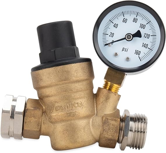Camco Adjustable RV/Marine Brass Water Pressure Regulator | Help Stop Damage to RV/Marine Appliances, Plumbing Fixtures, and Hoses | Features Standard Garden Hose Threads for Simple Hookup | (40058)