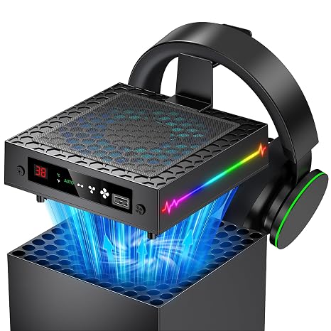 [LED Display] Auto Cooling Fan for Xbox Series X with 9 RGB Light, Cooling System Adjustable by Temperature for Xbox Series X Console, Cooler & Light Switch, Headset Hook,USB Port, for Xbox One Cases