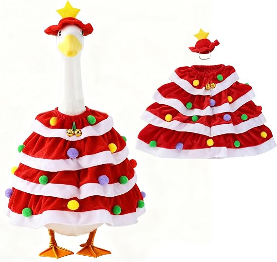 Christmas Porch Goose Outfit Holiday Goose Outfits Christmas Costume for Yard Lawn 23" High Concrete Goose Clothes Outdoor Garden Statue Decor Accessories - Red Tree Skirt