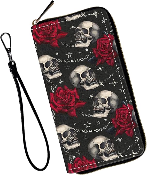 Women's Wallets,Wallet Wristlet for Women (Removable Wristlet) RFID Blocking Credit Card Holder Teen Girls PU Leather Phone Zip Around Men Wallet Clutch Travel Purse,Skull Rose