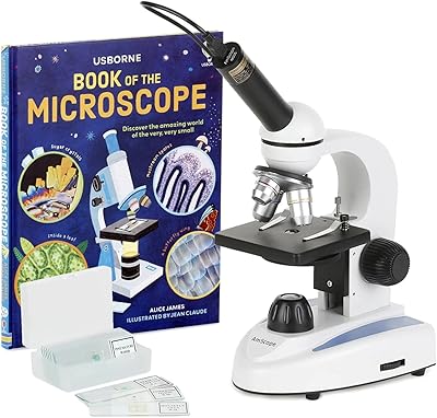 AmScope M149C-PB10-WM-E Digital Compound Monocular Microscope, WF10x and WF25x Eyepieces, 40x-1000x Magnification, LED Illumination, Brightfield, Single-Lens Condenser, Plain Stage, 110V or Battery-Powered, Heavy-Duty Metal Frame, Includes 5 Blank Slides, 5 Prepared Slides, Book, 0.3MP Camera and Software