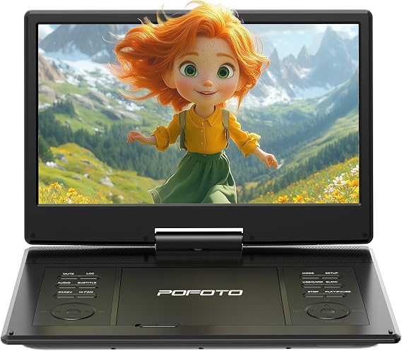 POFOTO 15.7" Portable DVD Player with 14.1" HD Swivel Screen for Kids & Elderly, 6-Hour Rechargeable Battery, Dual Speakers, Supports Multiple Disc Formats,USB/SD/TV Sync, Black [Not Support Blu-Ray]