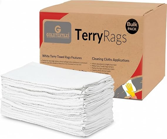 GOLD TEXTILES White Shop Towels Cotton [B Grade Towel] - 60 Pcs 22x44 Inches Shop Rags in a Box - Valuable Cleaning Rags Terry Towel for Industries, Automobiles and Commercial Use (60 Rags)