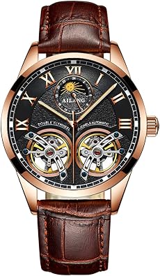 AILANG Men's Skeleton Watches Automatic Mechanical Watch with Dual Balance Wheels Gold Black