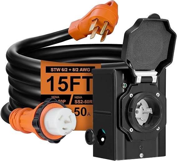 15FT 50 Amp Generator Cord with Pre-Drilled Power Inlet Box,Heavy Duty Generator Power Cord 4 Prong,125/250V,NEMA 14-50P/SS2-50R,Waterproof,ETL