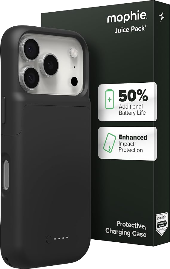 mophie Juice Pack Battery Case for iPhone 17 Pro - Slim Charging Case Black