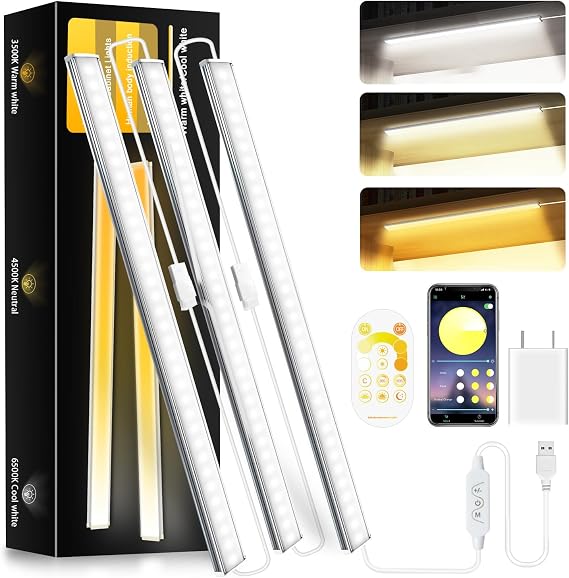 Dimmable 12 Inch Ultra Thin Under Cabinet Lighting, Under Cabinet Lights Plug in, Multi-Color Super Bright LED Lights Bar Under Counter Lights Indoor for Kitchen, Shelf, Closet, Desk (3 Pack)