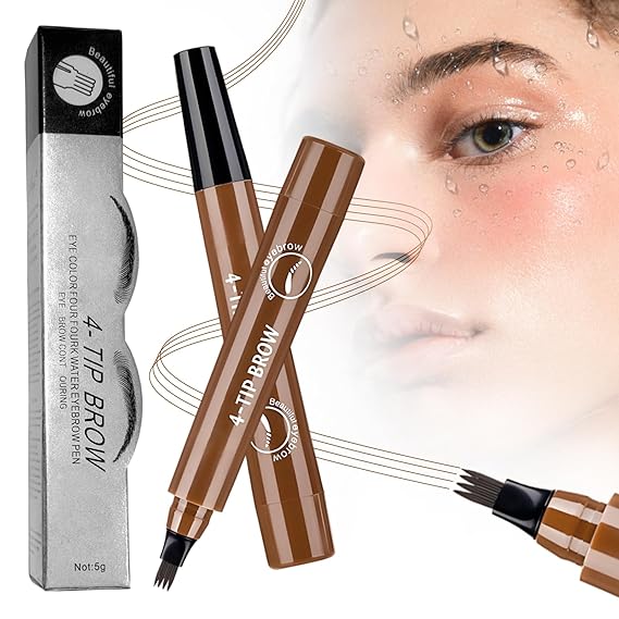 Magic Microblading Eyebrow Pencil, 2025 New 4-Tip Waterproof Brow Pencil with Micro-Fork Tip, Natural Fine Stroke Eyebrow Pen (Dark Brown)