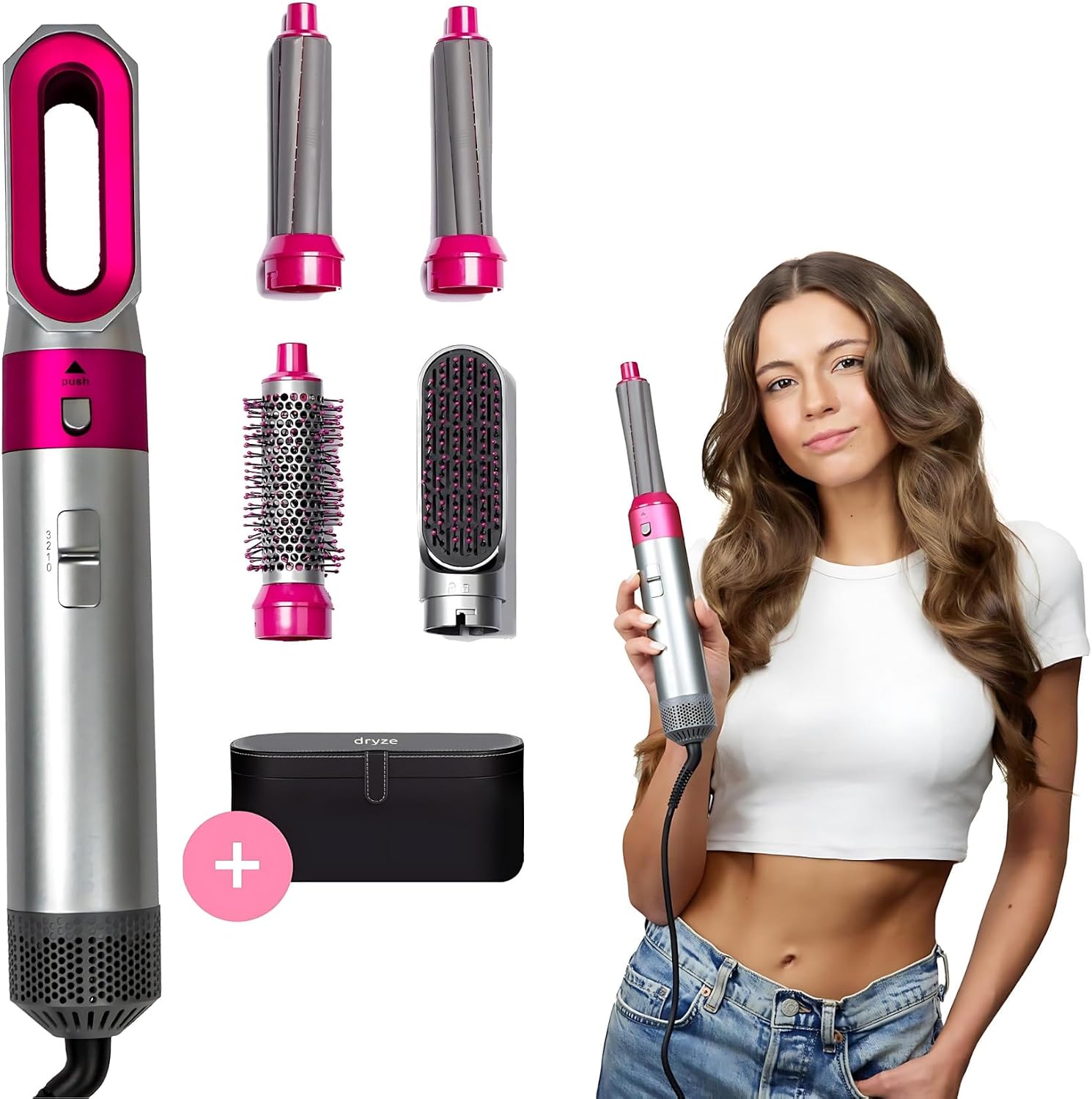 dryze airstyler 5-in-1 curling iron hair dryer warm air brush hair dryer pink  gray