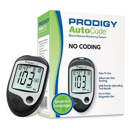 PRODIGY AutoCode Blood Glucose Monitoring System, Talking Meter, No Coding, Adjustable Depth Lancing Device, Twist Top Lancets 28G (10ct), Carrying Case, Quick Reference Guide, Owners Manual