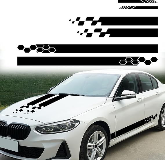 SUNJIKA Racing Body Side Skirt Decal Sets Car Hood Vinyl Sticker(6PC,Black | Rearview Mirror Stickers,Stripe Graphics Decals,Self-adhesive,Universal for Truck SUV Sedan
