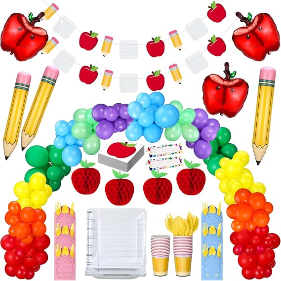 198 Pcs Back to School Decorations Complete Kit Include Apple Book Pencil Balloon Garland Arch Dinnerware Banner Honeycombs Bulk for First Day Welcome Back to School Party Classroom Decor