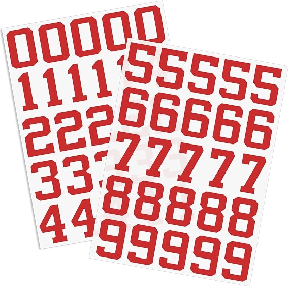 OIIKI 2 Sheet Sport Helmet Number Sticker, 0 to 4, 5 to 9 Numbers Stickers | 1.26 Inch Vinyl Self-Adhesive Waterproof Big Number Decal Stickers for Sports, Baseball, Red