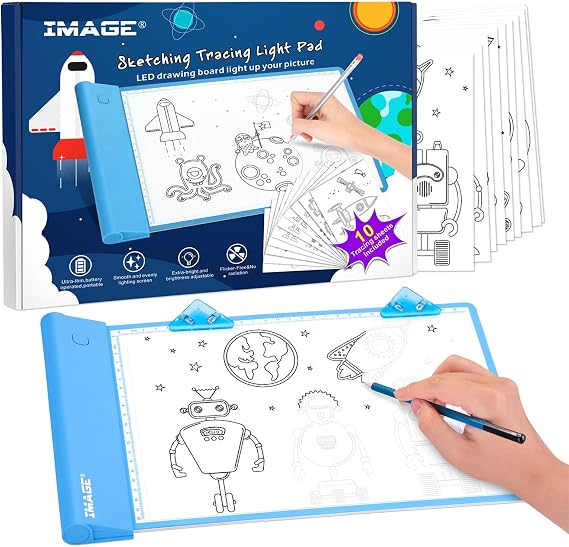 IMAGE Light Up Tracing Pad for Kids, LED Light Box for Tracing, A4 Portable Tracing Light Box with Adjustable Brightness, Includes 10 Traceable Sheets and 2 Clips, Drawing Gift for Boys Girls Ages 6+