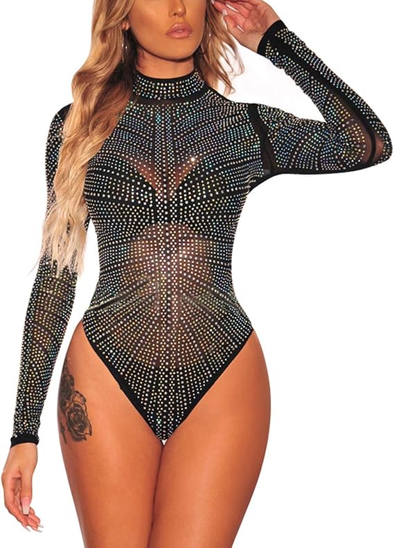 MAYFASEY Womens Bodysuits Sexy Sheer Mesh See Through Jumpsuit Bodysuit Top