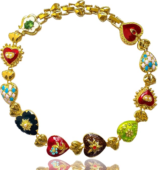 Chunky Gold Colorful Enamel Sacred Heart Charm Collar Necklace