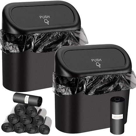 Wontolf Trash Can Bin with Lid and 150pcs Trash Bags - Leakproof Mini Car Accessories Trash Bin and Dustbin Organizer for Car, Office, Home