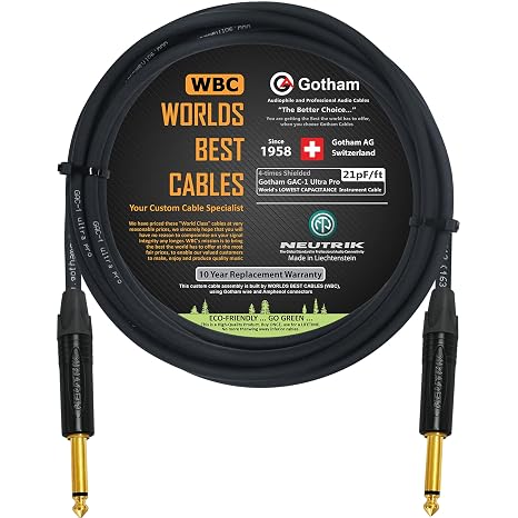 WORLDS BEST CABLES 12 Foot - Gotham GAC-1 Ultra Pro - Premium Low-Cap (21 pf/F) Guitar Bass Instrument Cable w/Neutrik Gold Straight to Straight 14 inch (6.35mm) TS Connectors - Custom Made