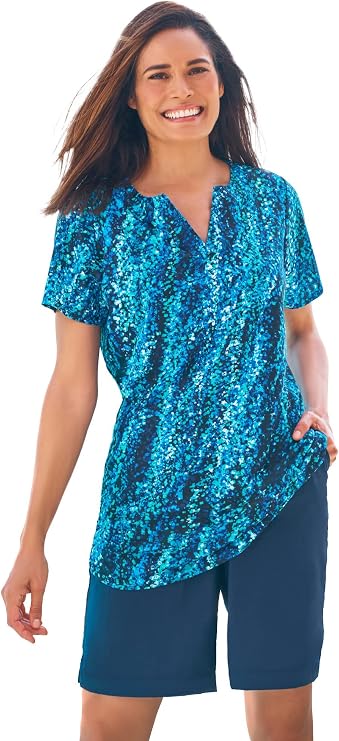 Split-Neck Short-Sleeve Swim Tee with Built-in Bra