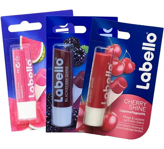 (Pack of 3) Labello Watermelon, Blackberry, Cherry Shine Lip Balm Bundle