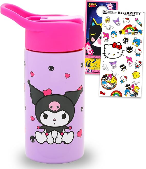 SANRIO Kuromi Stainless Steel Water 14 Oz Bottle for Kids Adults Bundle