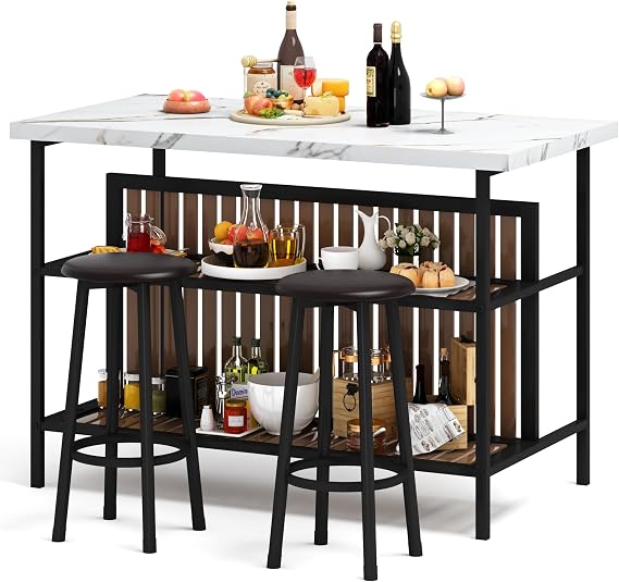 AWQM Kitchen Island with Seating & Storage, Bar Table and Chair Set, White | Modern Bar Table and Chairs Set for 2, Faux Marble Island Table, with 2 Chair, For Small Space, Apartment, Home Bar