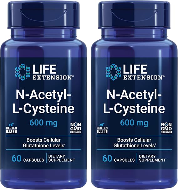 Life Extension N-Acetyl-L-Cysteine (NAC), Immune Response, Respiratory Health, Liver Health, NAC 600 mg, antioxidant Defense, Free radicals, Easy to Absorb - Two Pack x 60 Capsules